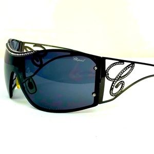 Chopard Logo Swarovski Crystals Oversized Shield Black Tinted Lenses